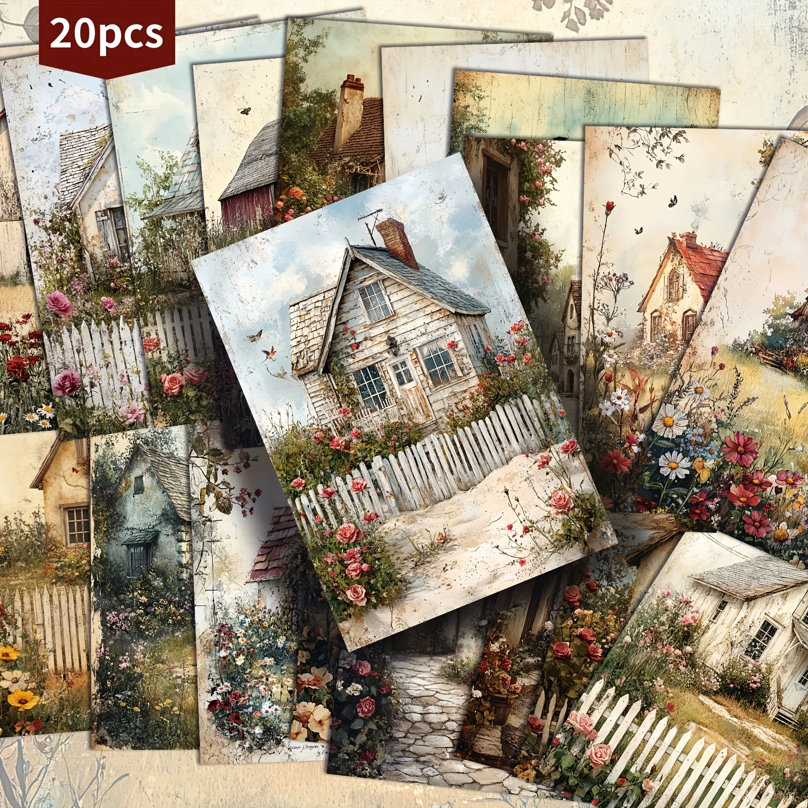 20 vintage countryside old house postcards with classic illustrations, suitable for scrapbooks and handmade decorative cards