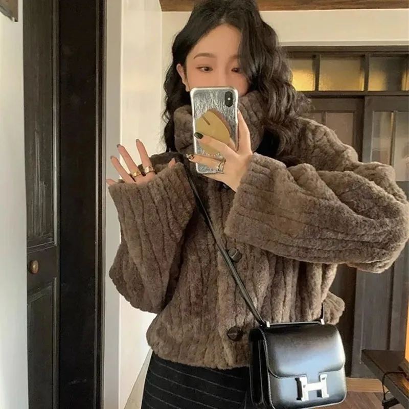

Women's Short Jacket 2025 Autumn/winter New Korean version Loose Stand collar Thick Coat Lady Single breasted Warm Plush Jackets