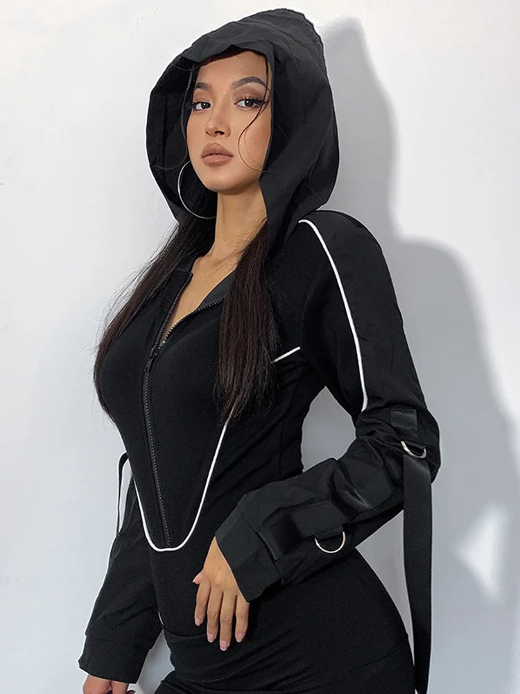 Silm Streetwear Zipper Hat Bodysuit For Women Clothing Black Pennant Dazzling Fashion One-Pieces Mujer Sexy Long Sleeve Playsuit