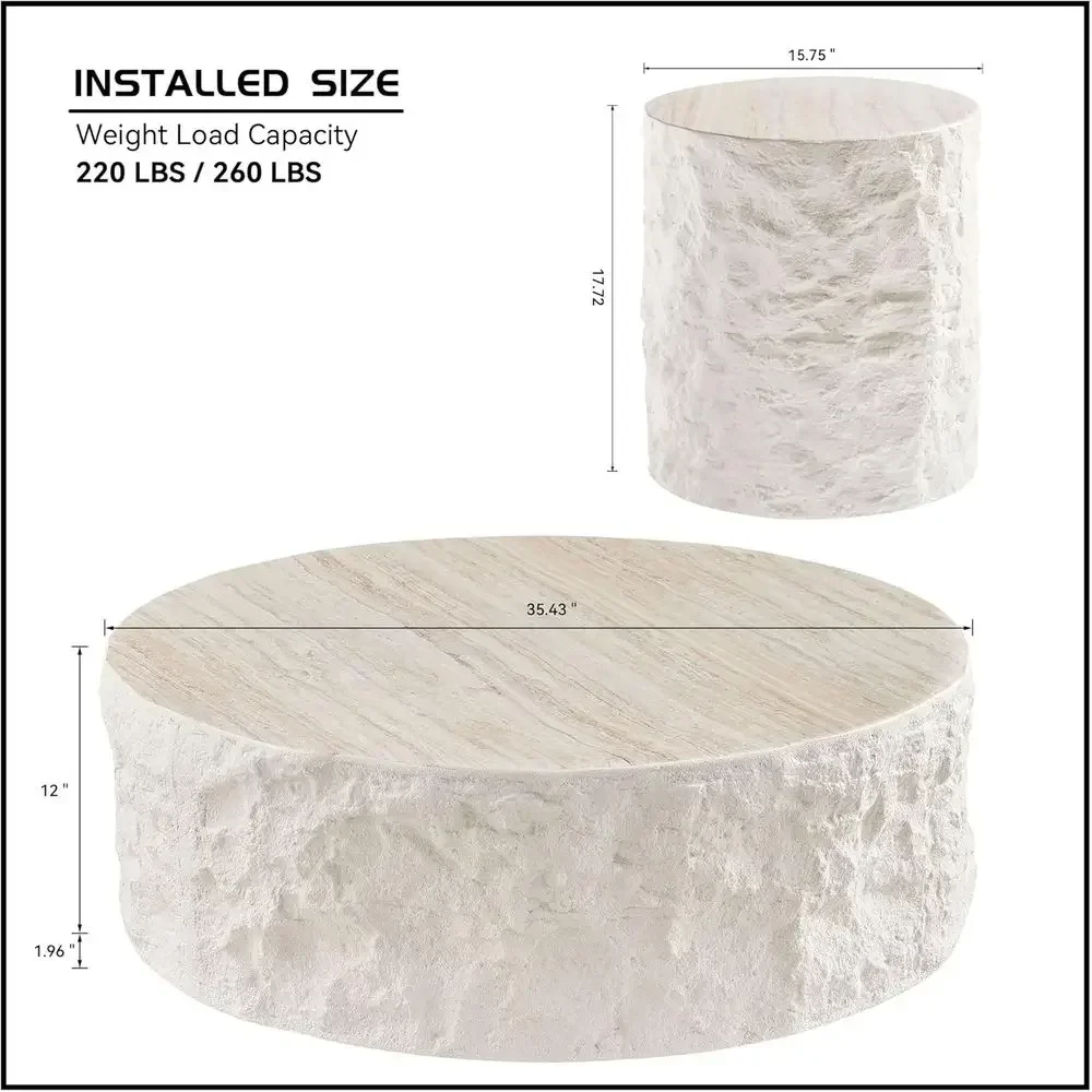 White Marble-Grain Coffee Table Set with Side Table, Suitable for Living Room, Bedroom, and Office, Easy Assembly-Free Living Ro