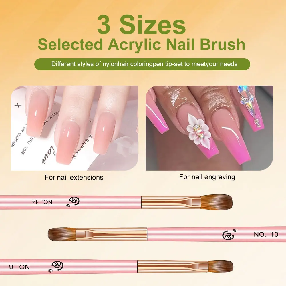 Brosse acrylique pour ongles, manche rose, brosse professionnelle pour poudre de cristal, gravure étendue, outil de bricolage, 3 pièces