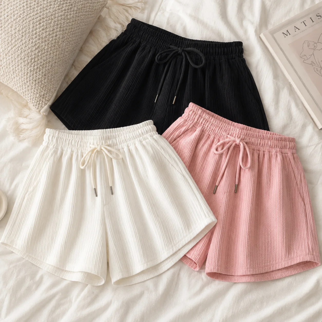 Women's Summer Textured Sports Shorts Elastic Waist Drawstring Breathable Loose Fit Casual Running Workout Beach Lounge Pants