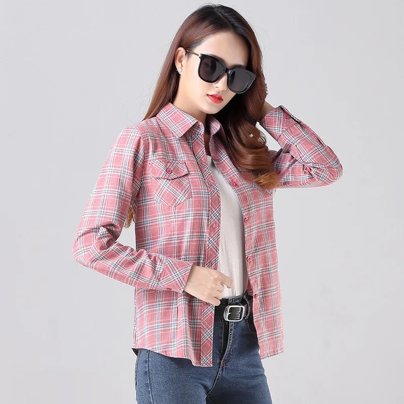 2023 Brand Fine 100% Cotton Flannel Plaid Shirts Women Long Sleeve Fresh Preppy Style Lady Tops And Blouse Casual Ladies Clothes