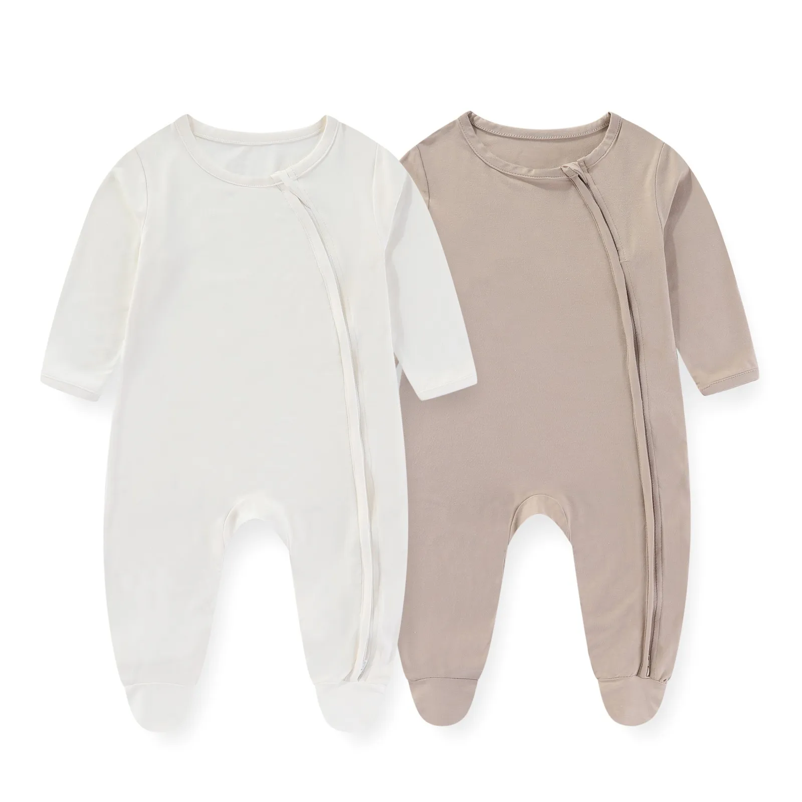 Monos de algodón Unisex para bebé recién nacido, ropa de manga larga con cremallera de 2 vías, Color sólido, 0-12M, Otoño, 2 piezas