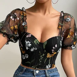 Lace Sexy Bustier Corset Crop Tops for Women Black Short Sleeve T-shirt Vest Top Summer Fashion Top Female y2k Party Streetwear