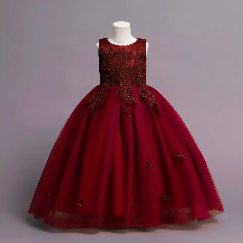 Vestido elegante para niñas, vestido de novia largo de princesa sin mangas con flores y mariposas, vestido Formal de tul hinchado para graduación y cumpleaños