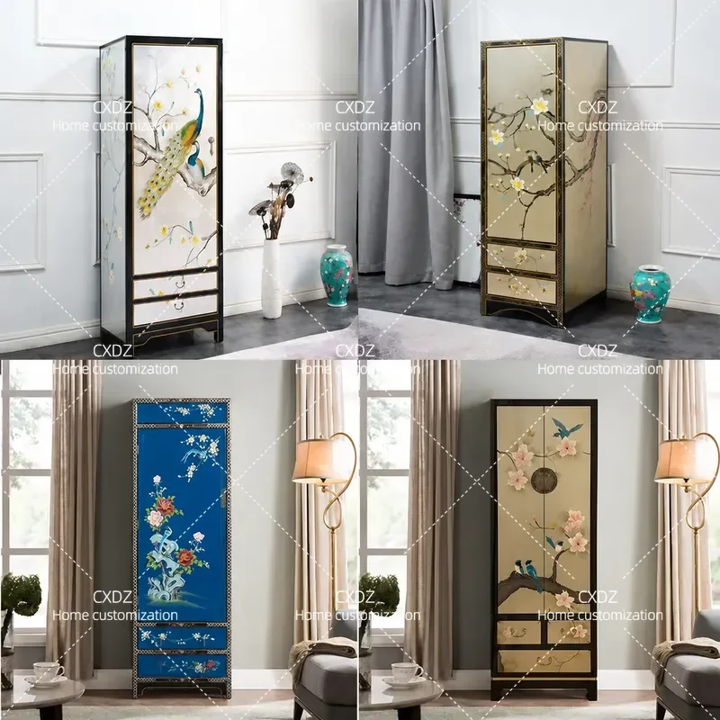 New Chinese Retro Hand Painted Wardrobe Light Luxury Gold Foil Wooden Small Single Door Vertical Cabinet