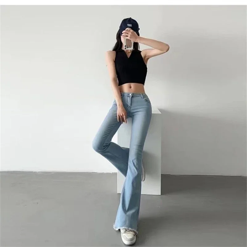 Women's Burr Edge Design Low Waisted Micro Flared Jeans Summer New Casual Slim Pants Female Sexy Denim Bell-bottoms Trousers