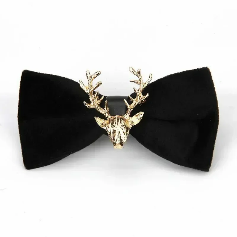 High end Fashion Men's Gold Velvet Bowtie Christmas Metal Elk Head Wedding Luxury Bow Ties Trendy Collar Jewelry Gifts for Men