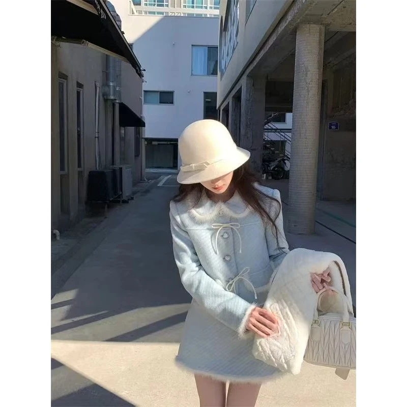 Winter New Sweet Youthful Lapel Elegant Warm Woolen Coat + High-waist Skirt Two-piece Set High Quality Fashionable Skirt Suits