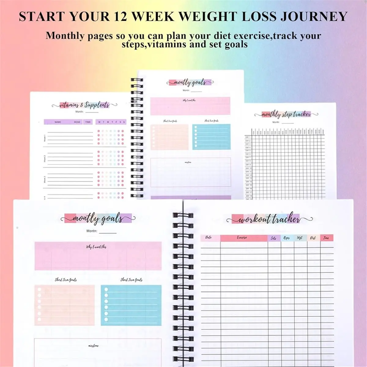 (A75U] 12 Month Weight Loss Journal for Women, Pounds Lost and Body Measurements Tracker - A5 (Spiral Bound)