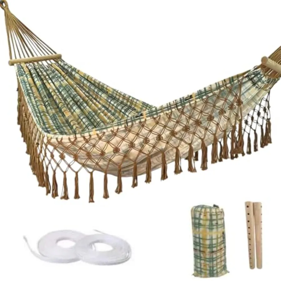 

Portable Bohemian rope hammock for yard, beach, backyard, garden khaki, 79 x 59 inches, lightweight and durable