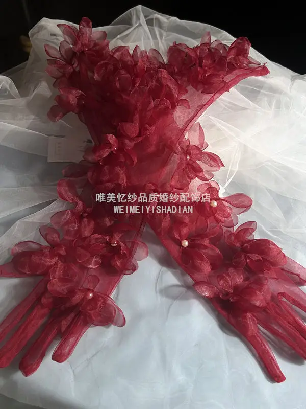 

New Burgundy Wedding Gloves Long Super Fairy Flower Beads Handmade Accessories Bridal Photo Photography Studio Gloves
