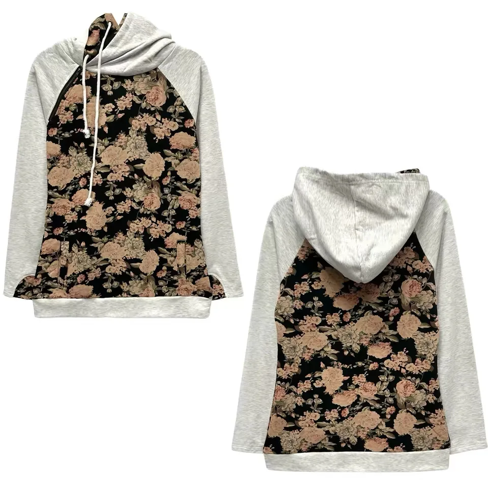 Foreign trade original sweet and cute printed floral double layered hooded sweatshirt for women