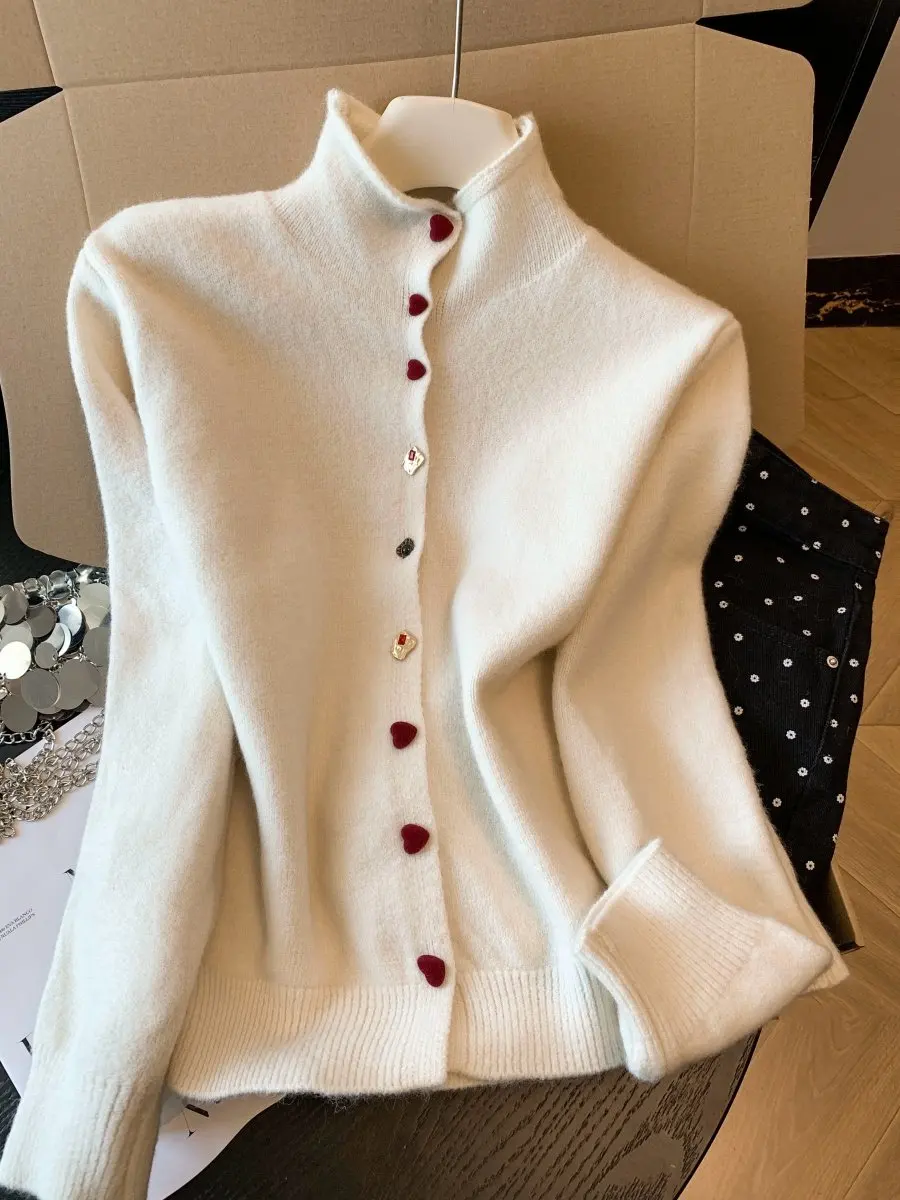 

Korean Sle Stand Collar Heart Bule Knitted Open Cardigan Women's Spring Autumn New Year Loose Slimming Warm Sweater Coat