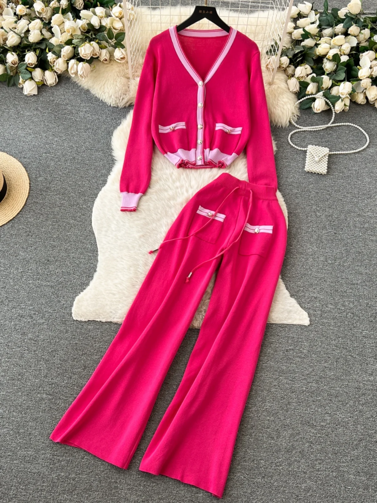 Knitting Pant Sets Outfits Women Autumn Winter Long Sleeve V-neck Cardigan + Wide Leg Pants Two Piece Suits Elegant Ladies Sets