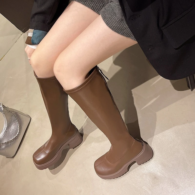Block Heel High Boots Winter New Round Toe Spliced Back Zipper Platform Non-slip Cotton Shoes