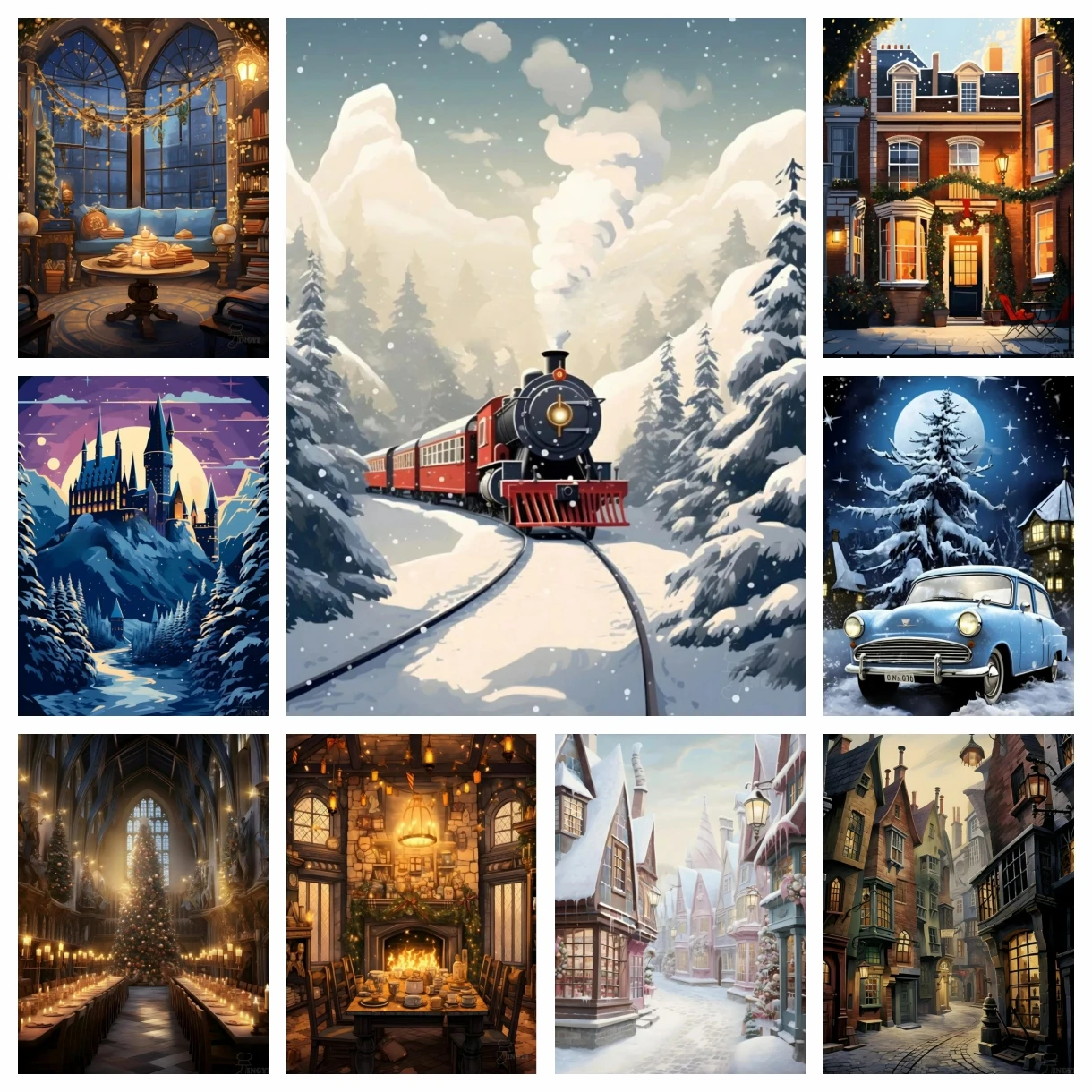 5D Full Drill Diamond Painting Kit Winter Snow Castle Vintage Steam Train Magic Town Street Scenery DIY Rhinestone Wall Decor