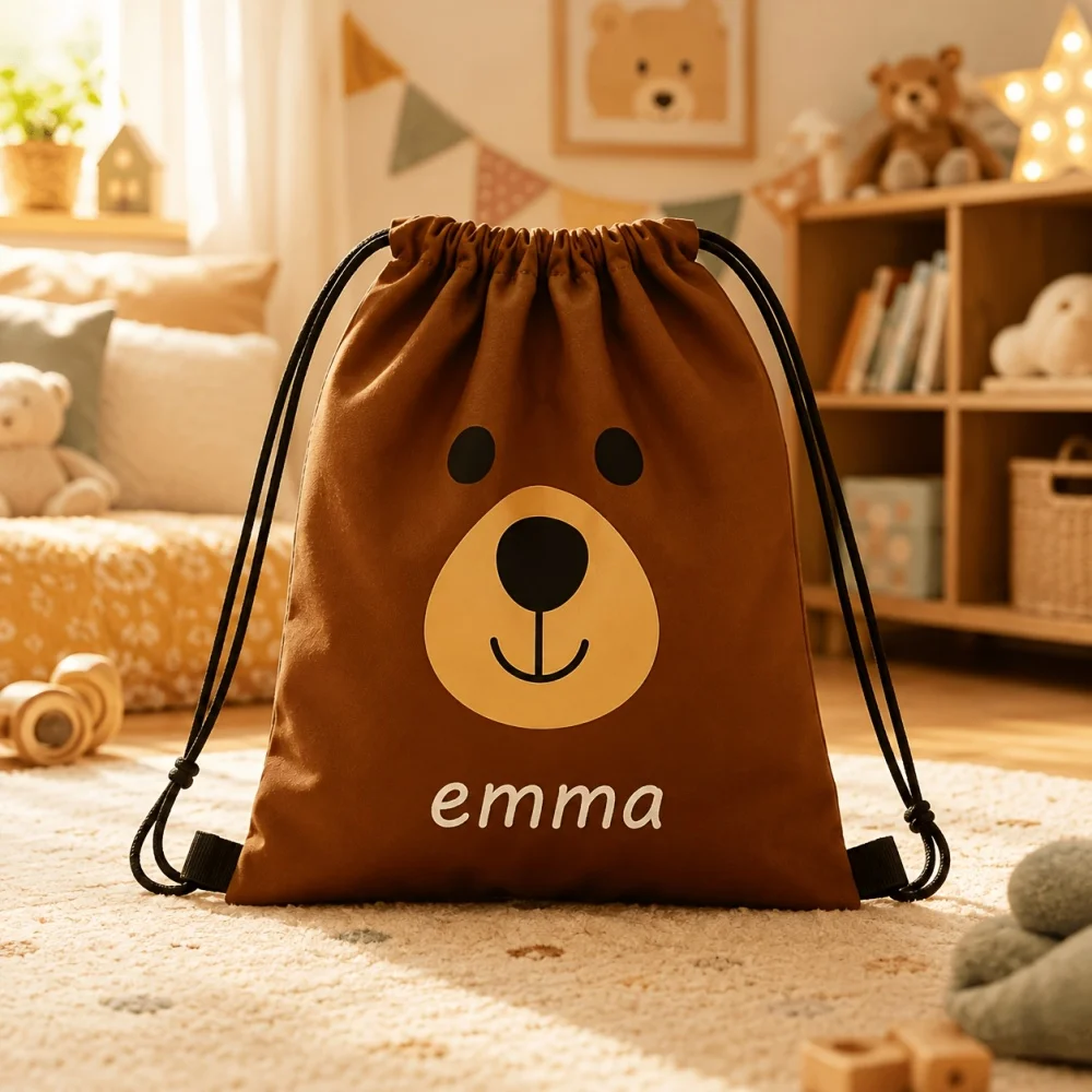 1Pc Custom Name/Text Cute Bear Pattern Drawstring Backpack, Lightweight Sports Bag, Gym Storage Bag, Outdoor Travel Rucksack