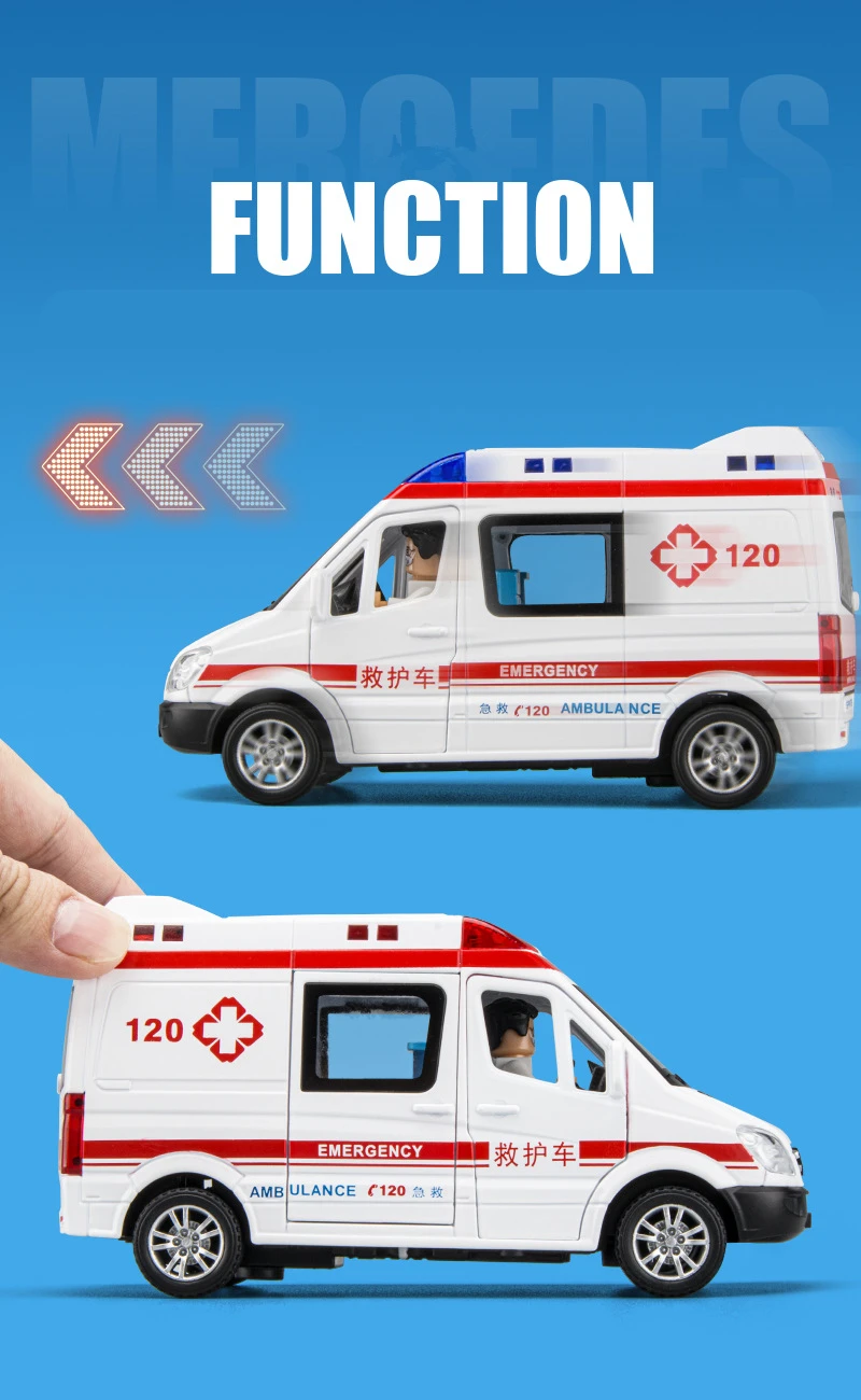 1:34 FORD Transit Alloy Ambulance Vehicles Car Model Diecast Metal Toy Broadcast Car Model Simulation Sound and Light Kids Gifts