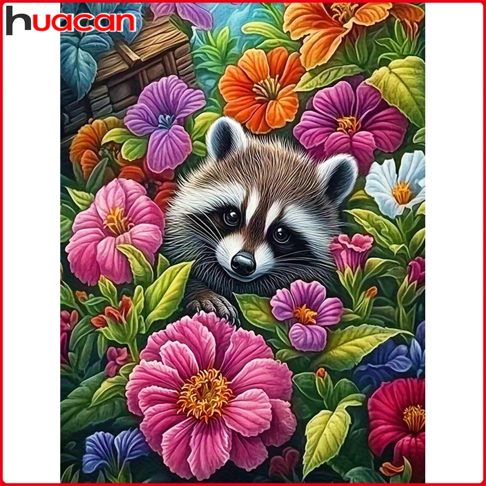 Huacan Neuheiten 2026 Diamantmalerei Waschbär Blume Diamant-Mosaik Tier Komplettset Strass-Bilder