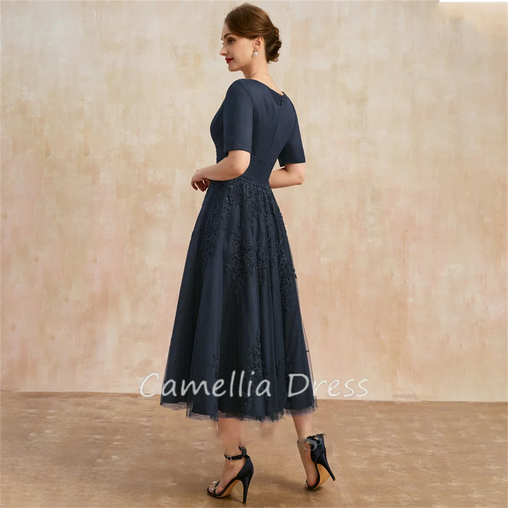 Vestido con cuello en V para madre de la novia, traje Formal plisado de encaje de tul hasta el té, línea A, novedad