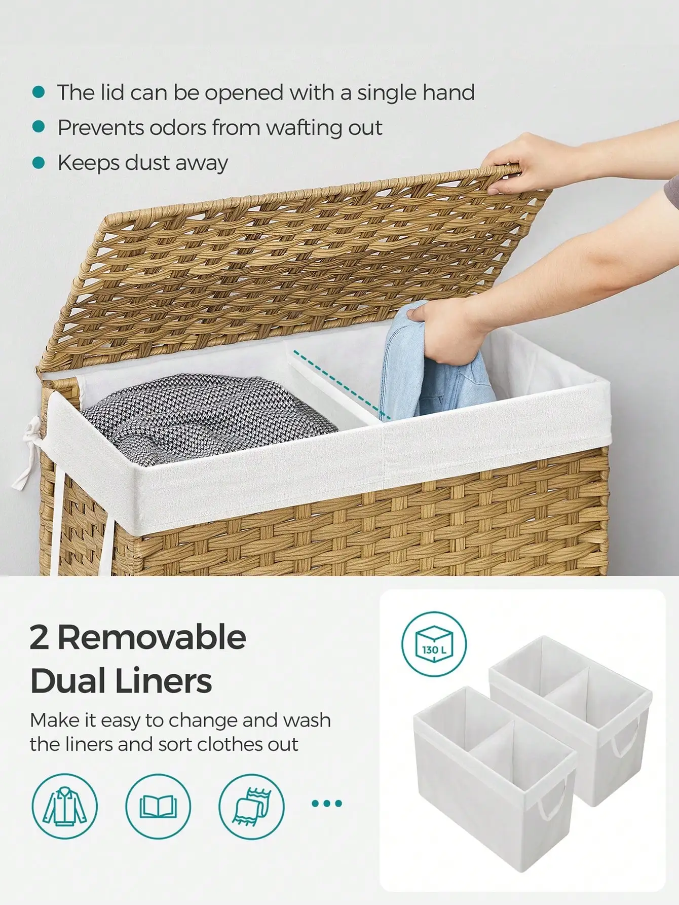 SONGMICS Laundry Hamper With Lid, 130L Clothes Hamper With 2 Removable Liner Bags & 6 Mesh Bags, Wicker Laundry Basket, Doubl