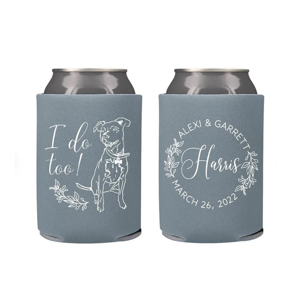 

Wedding Can Cooler #192R - Custom Pet Illustration - Botanical - Wedding Favors, Beverage Holder, Wedding Favor, Can Holder, Can