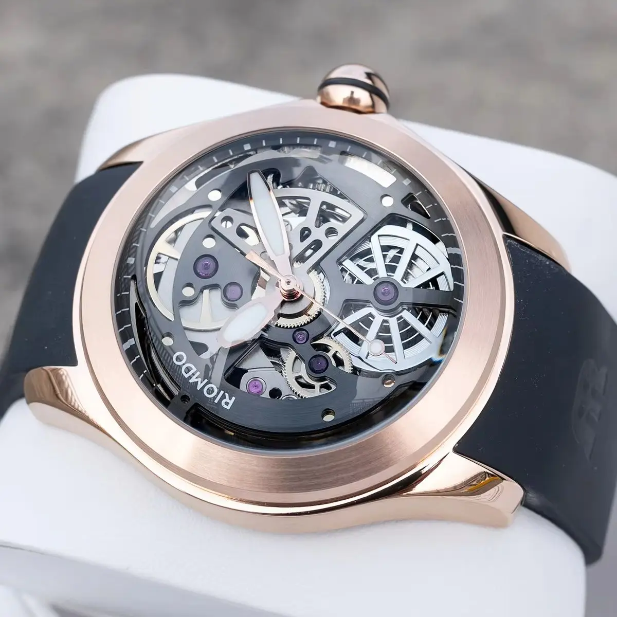 OBLVLO Men Automatic Watch 46mm Mechanical Wristwatch Carved Case Waterproof Bubble Mirror Skeleton Dial Luminous G3265Z Mov