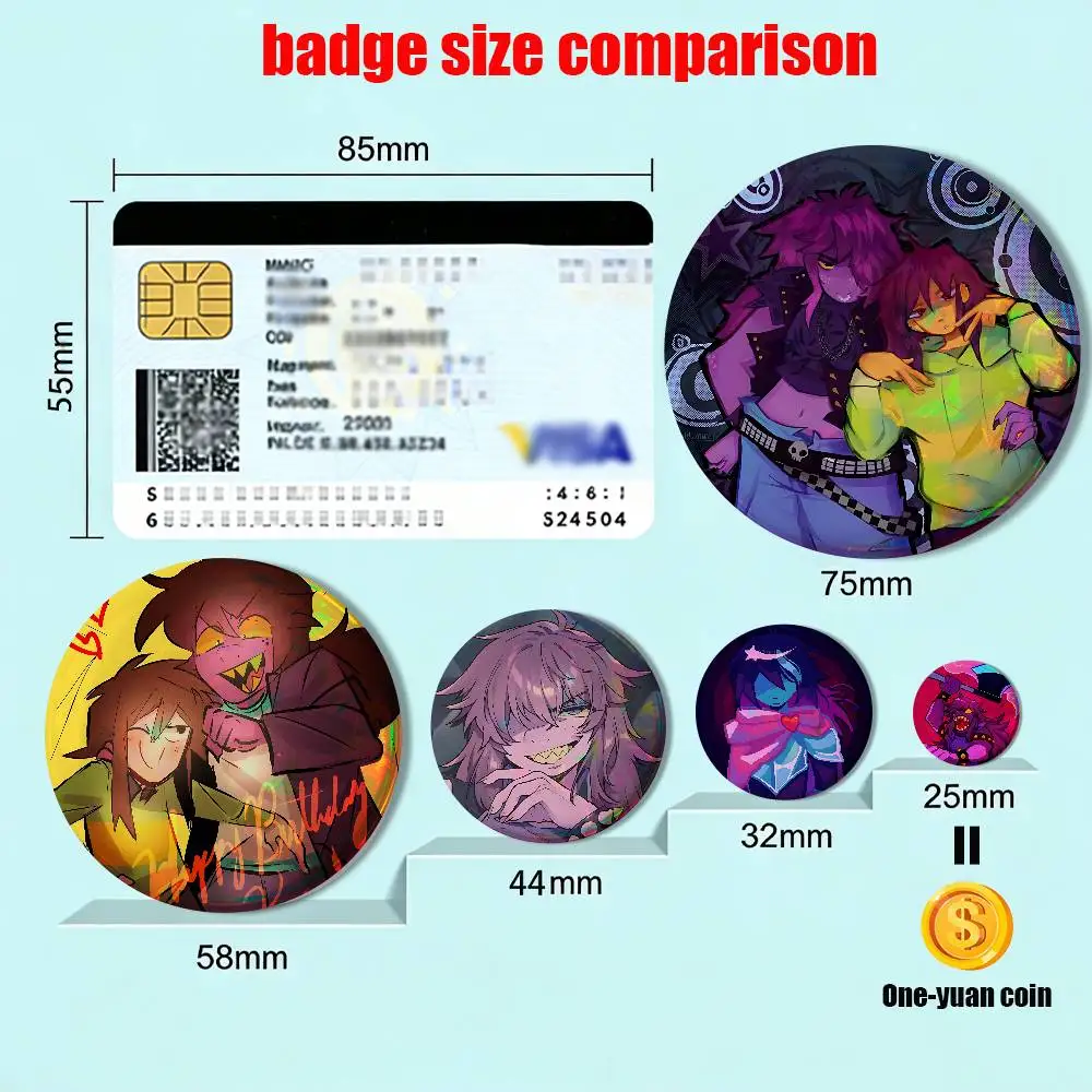 Two person motif Krusie Kris Susie Deltarune Reflective Pin Tinplate Round Brooch Cartoon Cosplay Badges for Bag Hat Toys Gifts