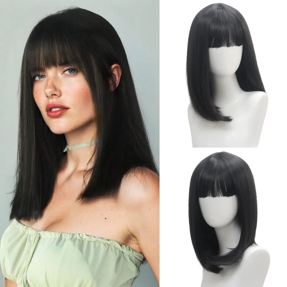 

Anxin New Short Straight Black Bob Wig with Bangs Natural Heat Resistant Synthetic Hair for Women Daily Use