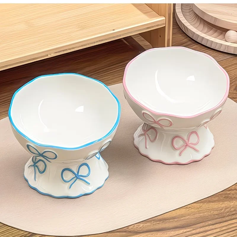 2027 1pc Elevated Ceramic Cat Bowl with Embossed Bow, Raised Pet Food Water Bowl for Cats & Small Dogs