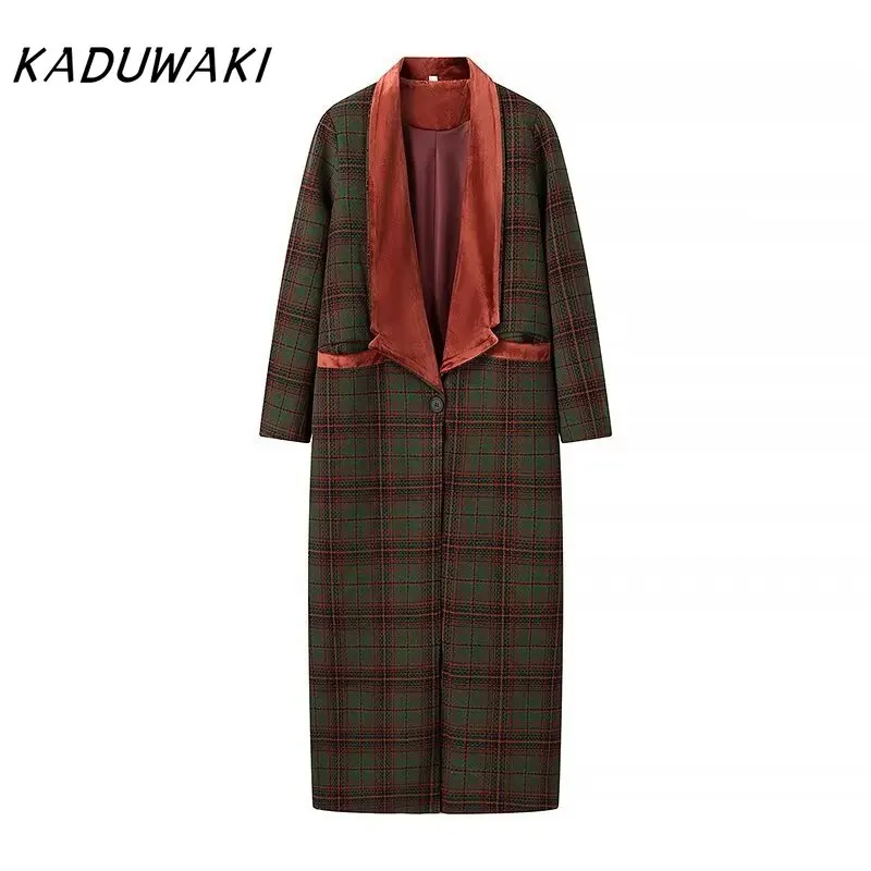 

KADUWAKI Velvet Collar Plaid Woolen Coat Wool Patchwork Trench Overcoat Retro Straight Tube Contrast Color Blends Outwear Autumn