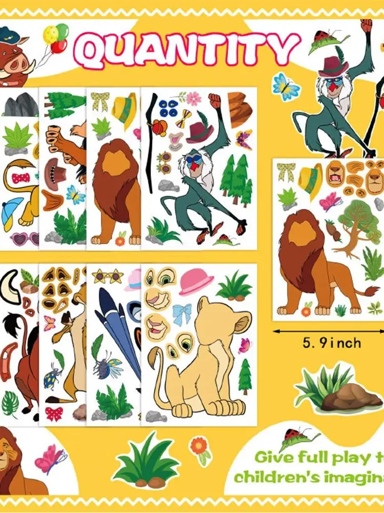 8/16 feuilles d'autocollants de puzzle Disney Le Roi Lion, jeu de création de visage, dessin animé mignon, assemblage de puzzle, jouet, décoration de fête