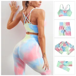 1/2/3 sztuk kobiety barwnik odzież sportowa joga zestaw legginsy treningowe Push Up Pant spodenki gimnastyczne bezszwowy Fitness stanik sportowy dres strój do jogi