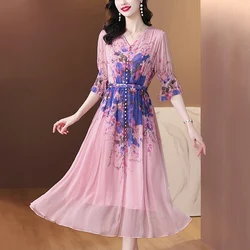 2024 Summer Luxury Silk Floral Casual Midi Dress Women's Vintage Elegant Evening Prom Dress Spring Holiday Boho Hepburn Vestidos