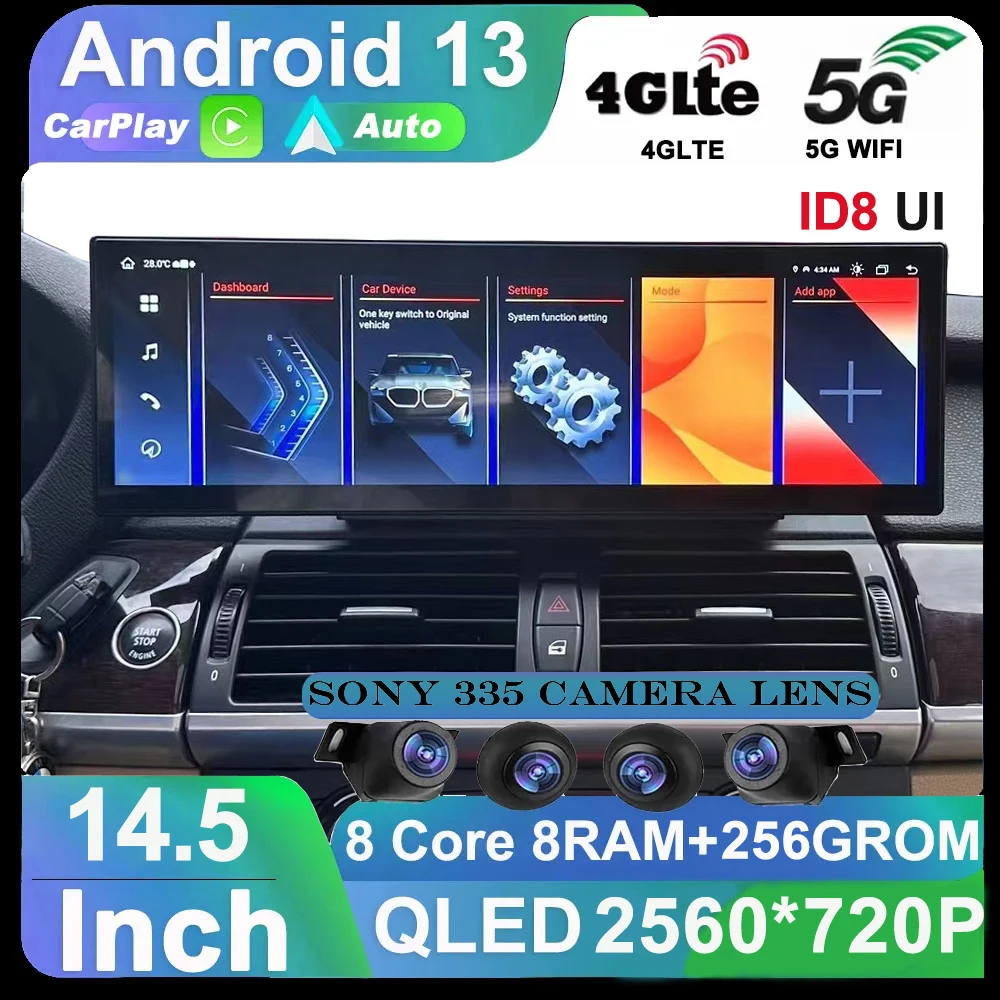 

Автомобильный радиоприемник Android 13 14,5 дюймов для BMW X5 X6 E70 E71 2007-2013 QLED 8-ядерный мультимедийный стереоплеер с 4G Carplay и авто GPS