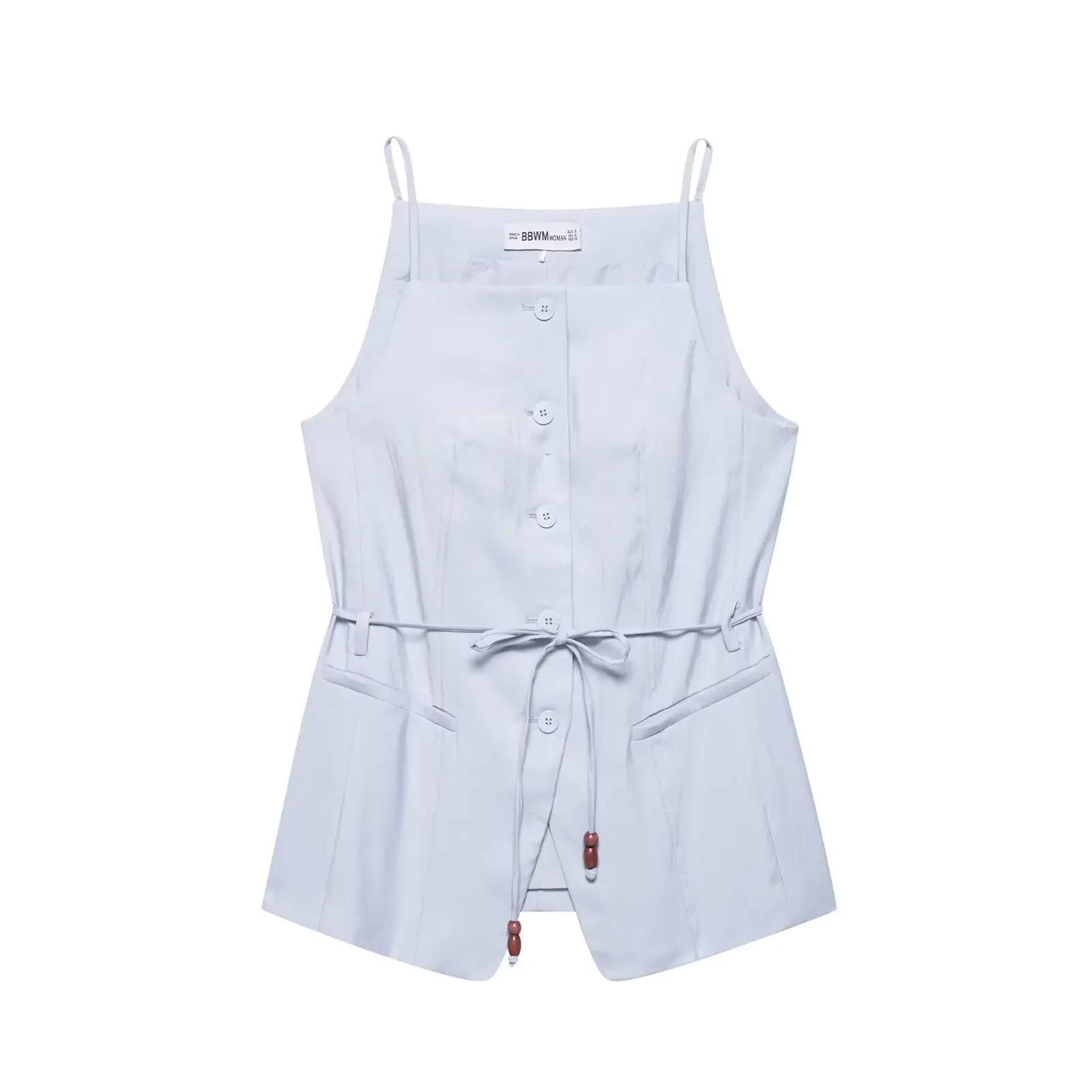 

Women Solid Sleeveless Beading Sling Top With Belt Single-Breasted Suspenders Vest Female Summer New Lady Refreshing Style