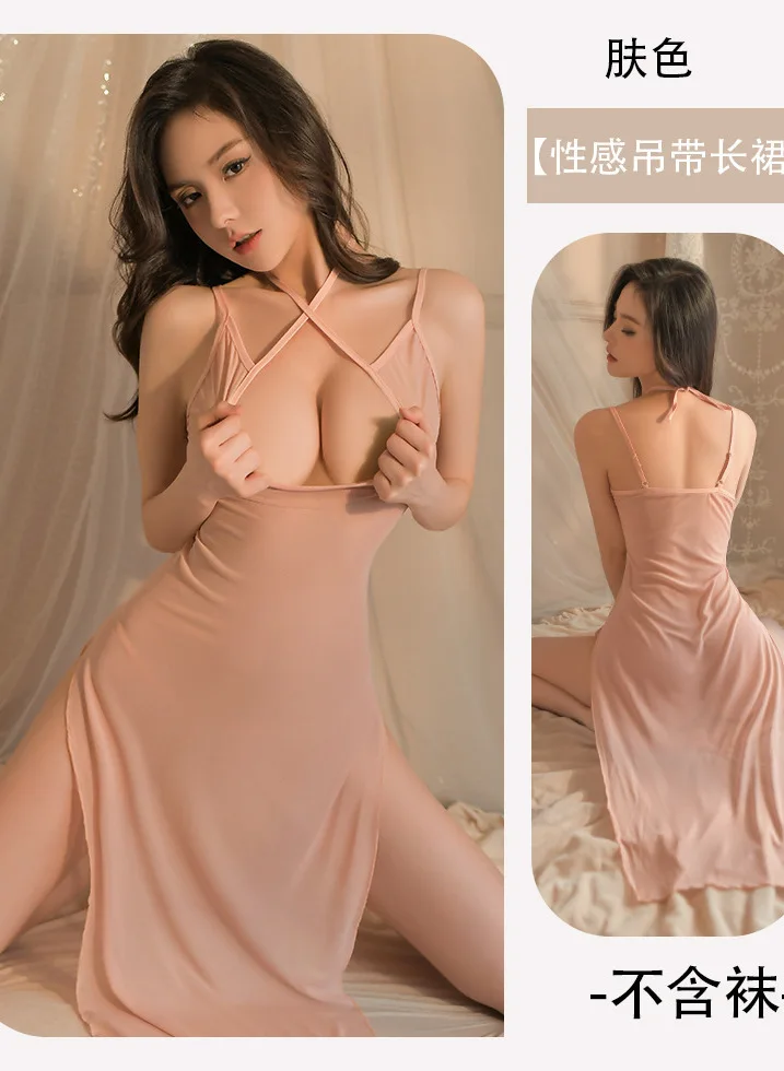 Transparent Sexy Temptation Pajamas Passionate Long Lace Up Backless Fork Solid Sheer Hollow Out Dress Summer Women Charm D710