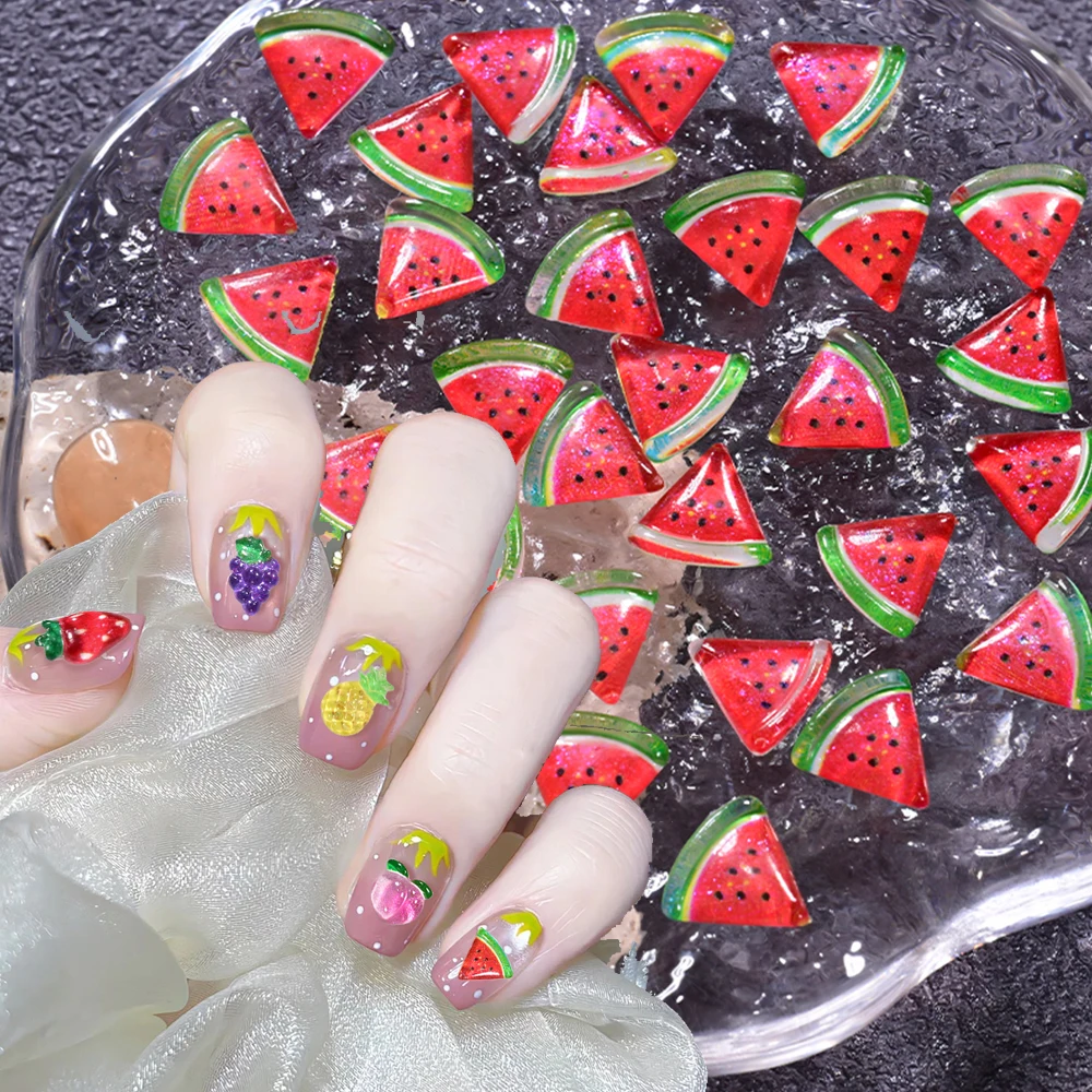 50 szt. - Żywiczne cyrkonie do paznokci w kształcie arbuzu 3D, 8/10/12 mm, letnie owoce, truskawka/wiśnia/brzoskwinia, ozdoby do paznokci DIY, kawaii owoce