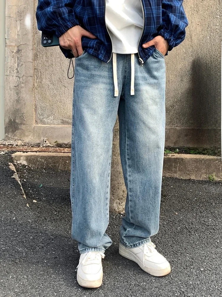 

Retro American Denim Jeans Couple Sle Spring Autumn Trendy Loose Casual Elastic Waist Straight Leg Dstring Weathered Lon...