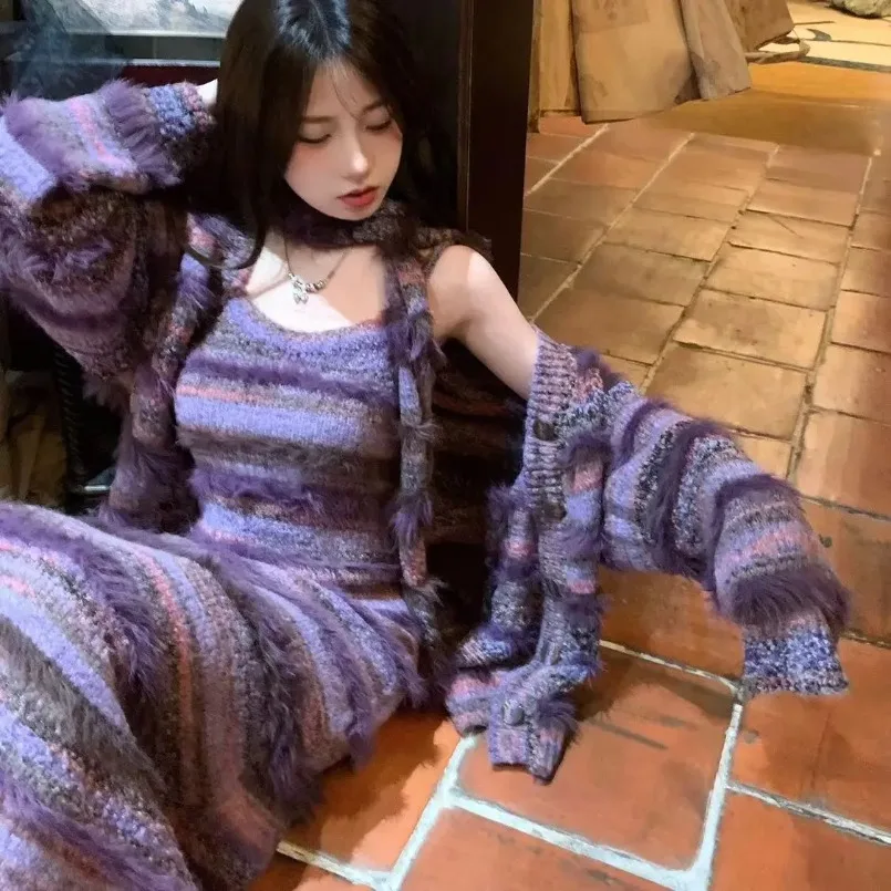 Women Vintage Knitted Two Piece Set Fluffy Y2k Elegant Patchwork Dress Sets 2024 New Female Korean Style Winter Sweater Suit