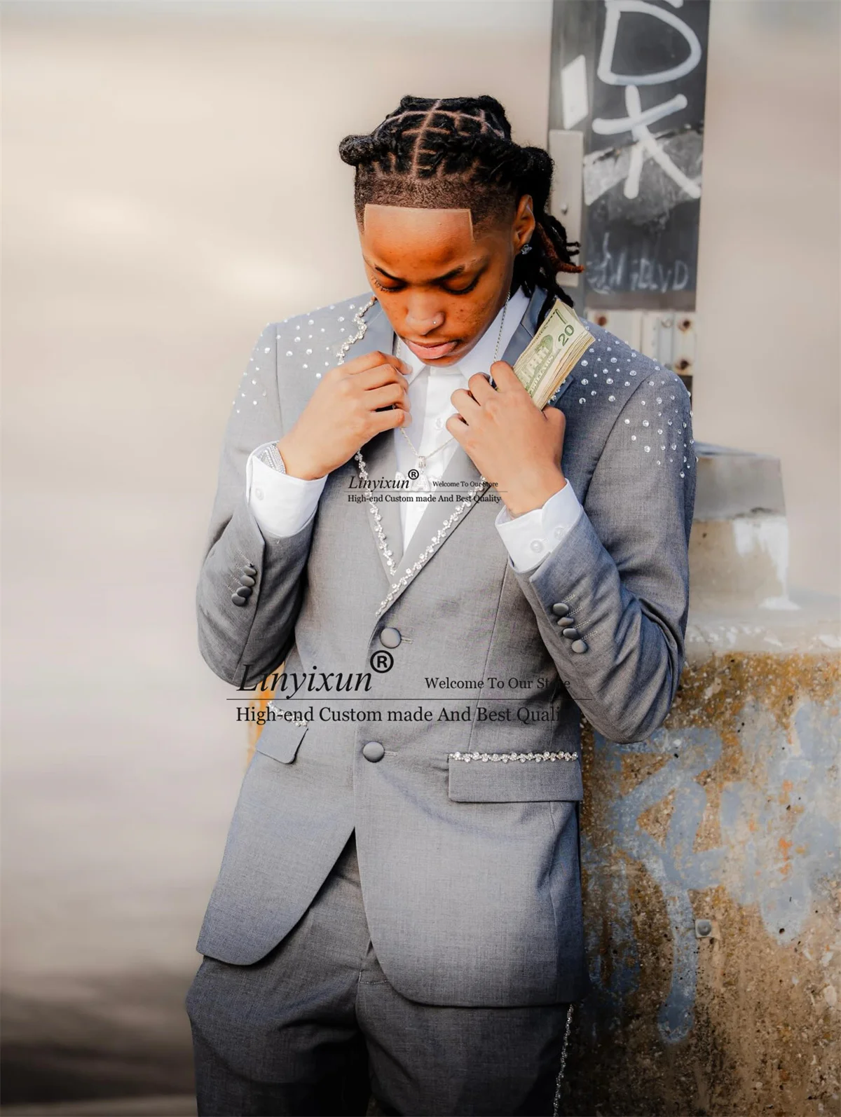 

Luxury Crystals Diamond Tuxedo Men Suit Customized Slim Groom Party Male Blazers 2 Piece Set Wedding Man Party Costume Clothes