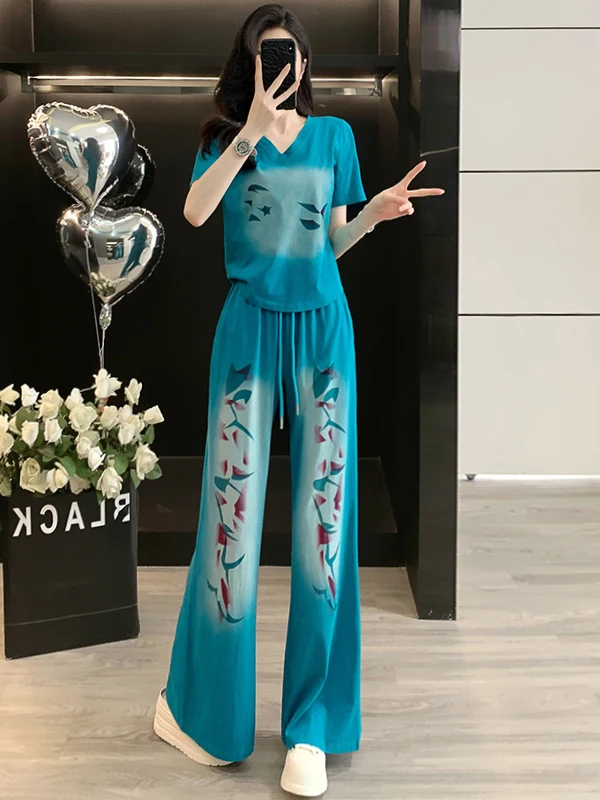 

Fashionable Casual Sportswear Set Women Summer European Style V-Neck Short Sleeve T-Shirt Wide Leg Pants Two-Piece Suit