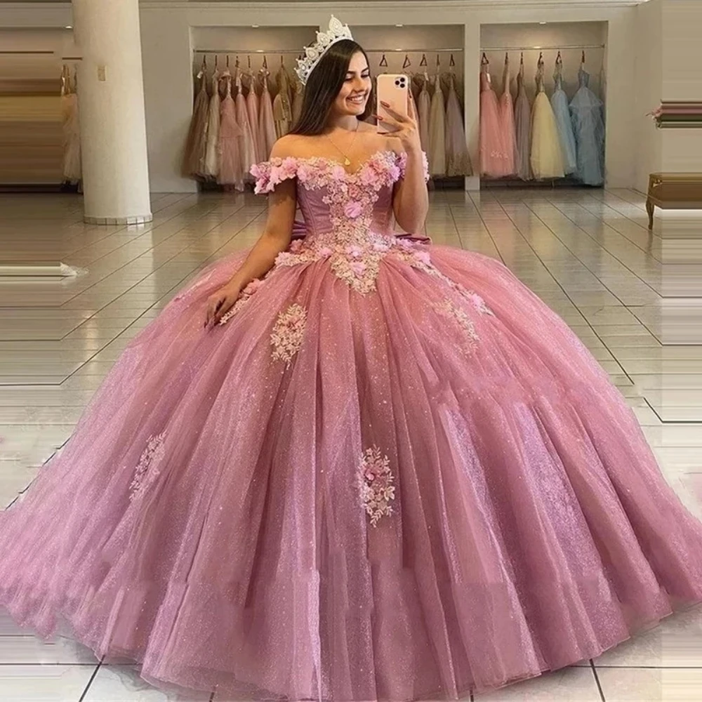 Vestidos De quinceañera con lentejuelas brillantes, vestido elegante sin hombros, flor 3D, dulce, 16 años, 15 años, fiesta De cumpleaños