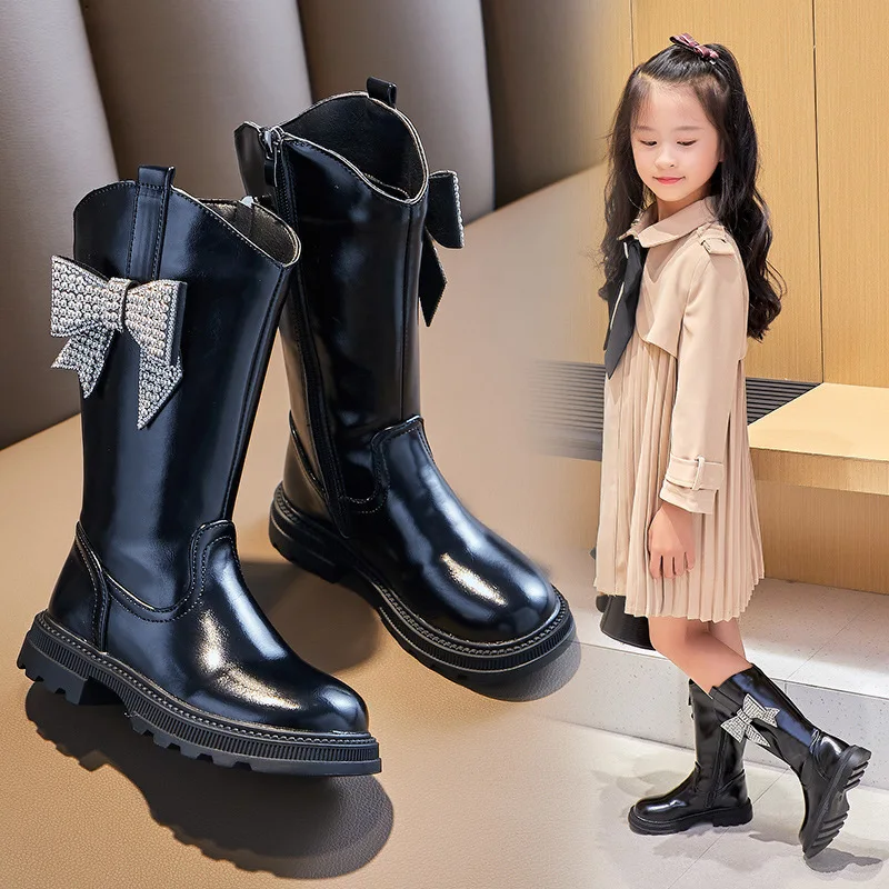 Princess Shoes Kids Knee High Non-Slip Plush Long Snow Boots for Girls High Leather Boots Winter Fashion Rhinestone Bow Boots