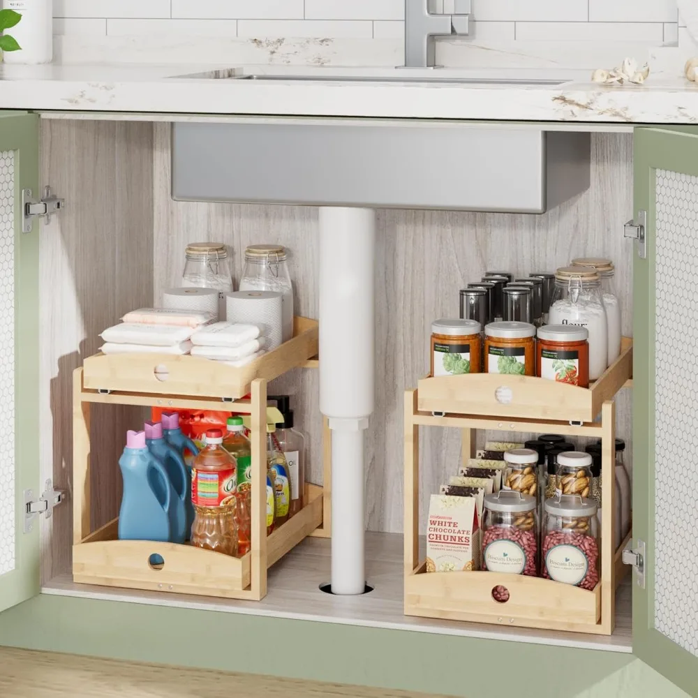 

Two Tier Pull Out Under Sink Organizer with Sliding Drawer for Kitchen and Bathroom Easy Assembly