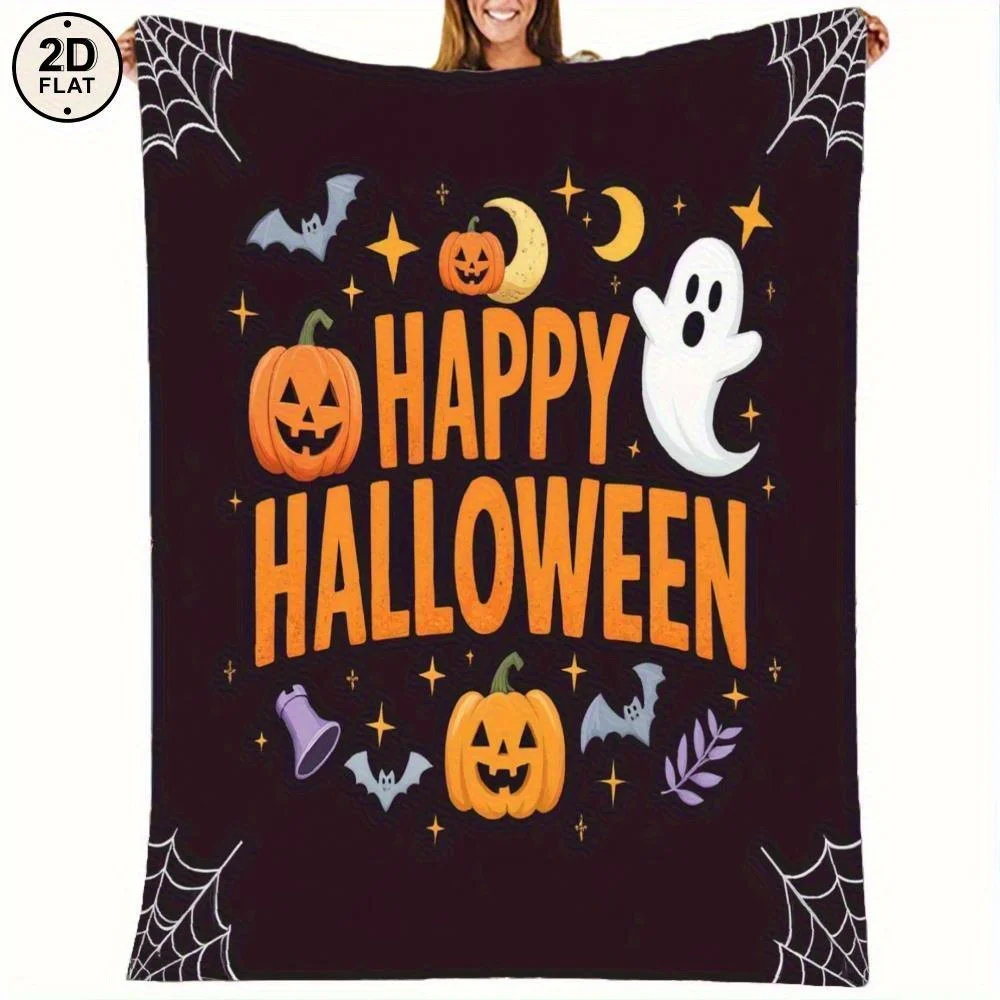Halloween Blanket - Pumpkin Ghosts, Bats, Happy Halloween Text - Black & Orange Spooky Decor - Soft Flannel Throw for Home