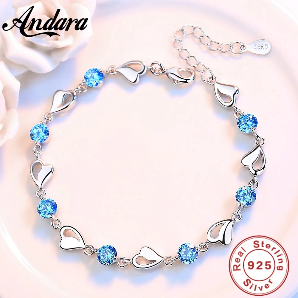 Andara 925 Sterling Silver Bracelet Jewelry High Quality Retro Heart Wedding Shaped Cubic Zirconia Length 17CM+4CM