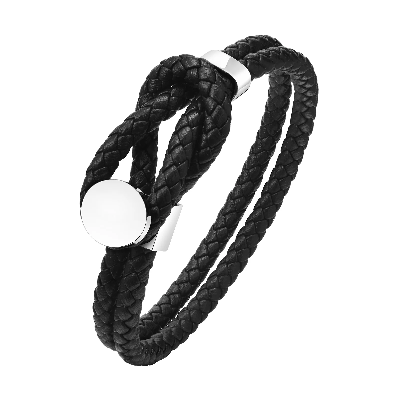 24CM Man's Cool Bracelet Stainless Steel All-optical Oval Buckle Double Figure-8 Sleeve Microfiber Leather Bracelet